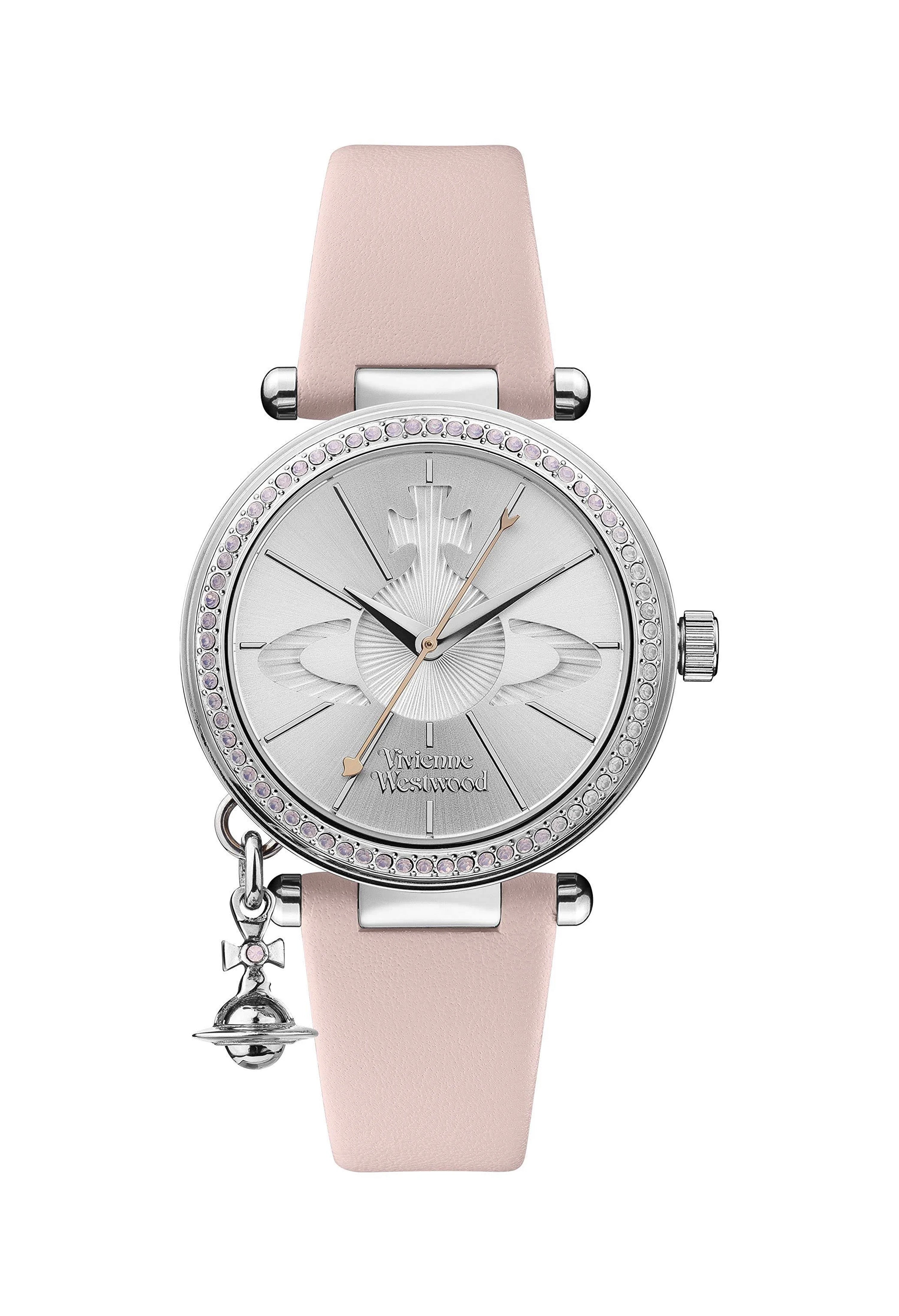 Vivienne Westwood watch featuring a silver dial, pastel pink strap, and orb charm, highlighting the designer's signature