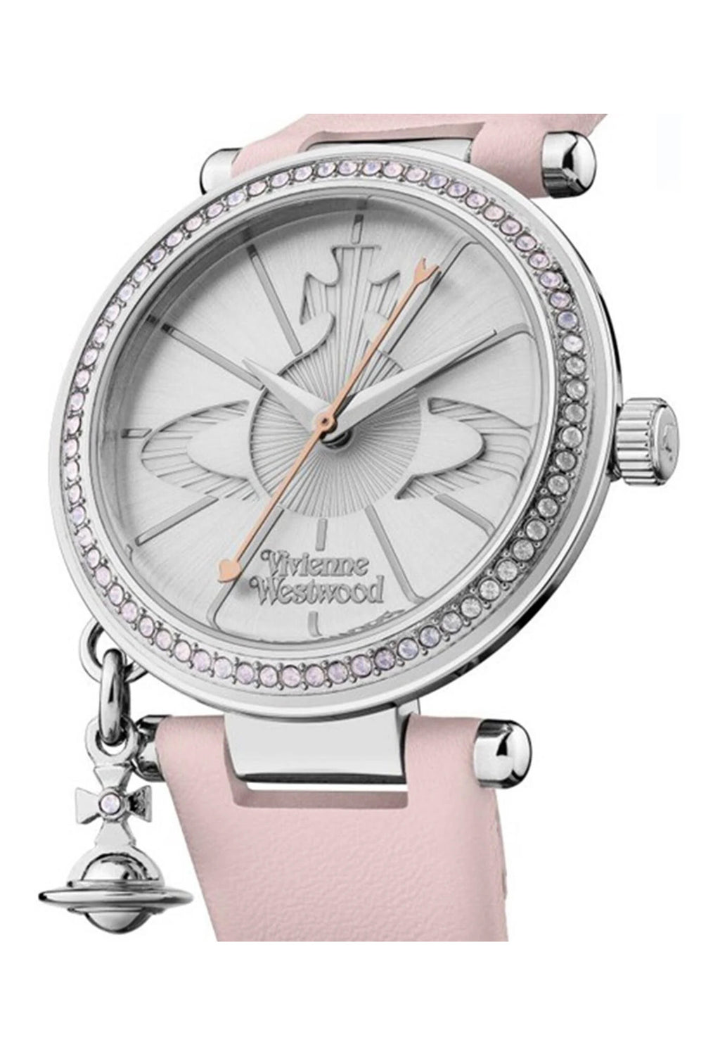 Close-up of the Vivienne Westwood Ladies Orb Pastelle watch, silver dial with signature Orb logo and pink strap.