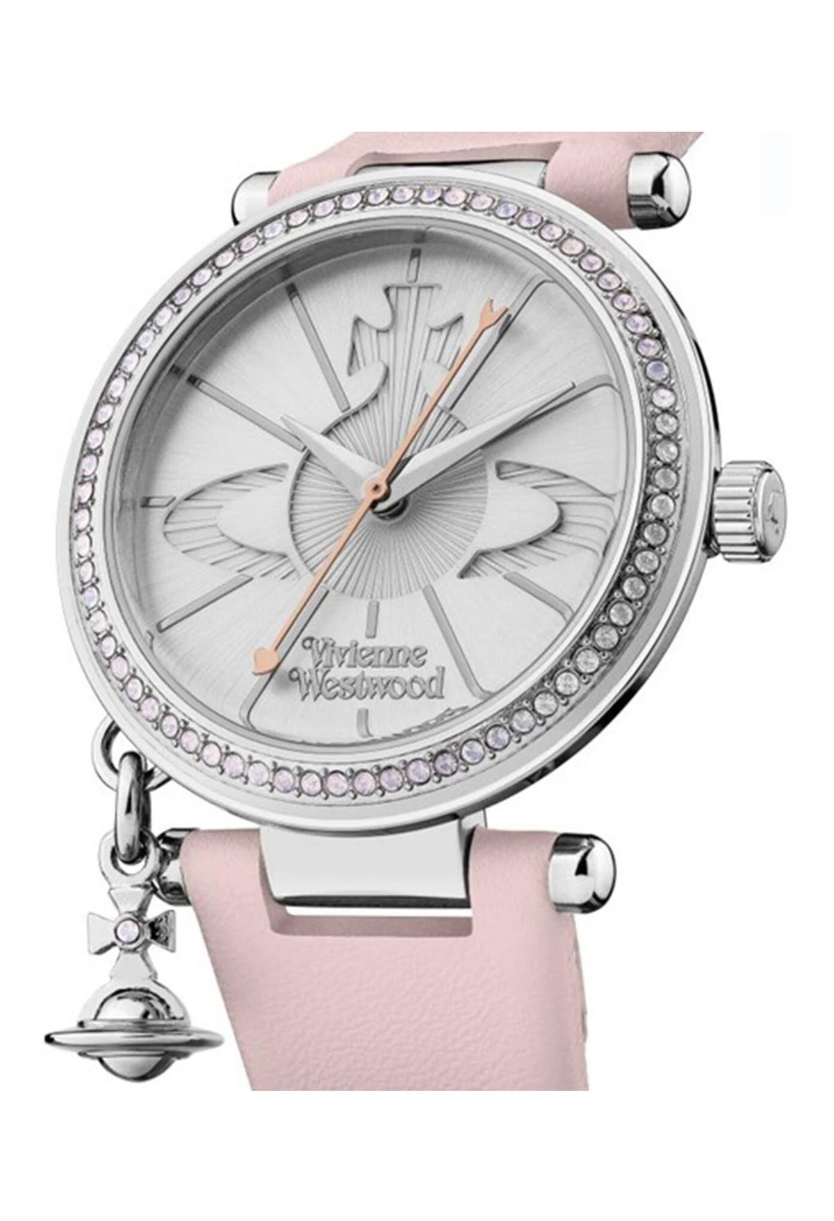 Close-up of the Vivienne Westwood Ladies Orb Pastelle watch, silver dial with signature Orb logo and pink strap.