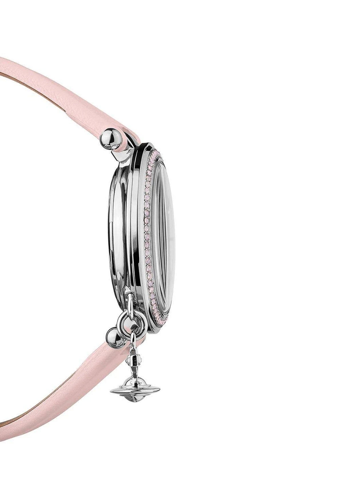 Close-up of Vivienne Westwood watch with a pastel pink strap & signature orb charm. Silver dial with pink crystal detailing.