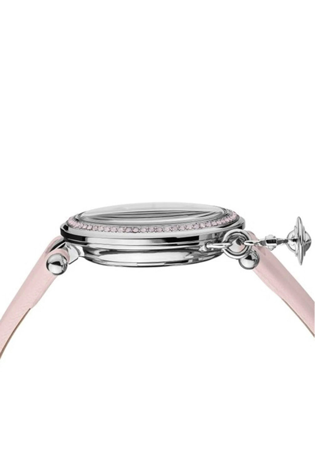 Close-up showing the Vivienne Westwood Orb Pastelle watch's silver dial, crystal bezel, and iconic orb charm.