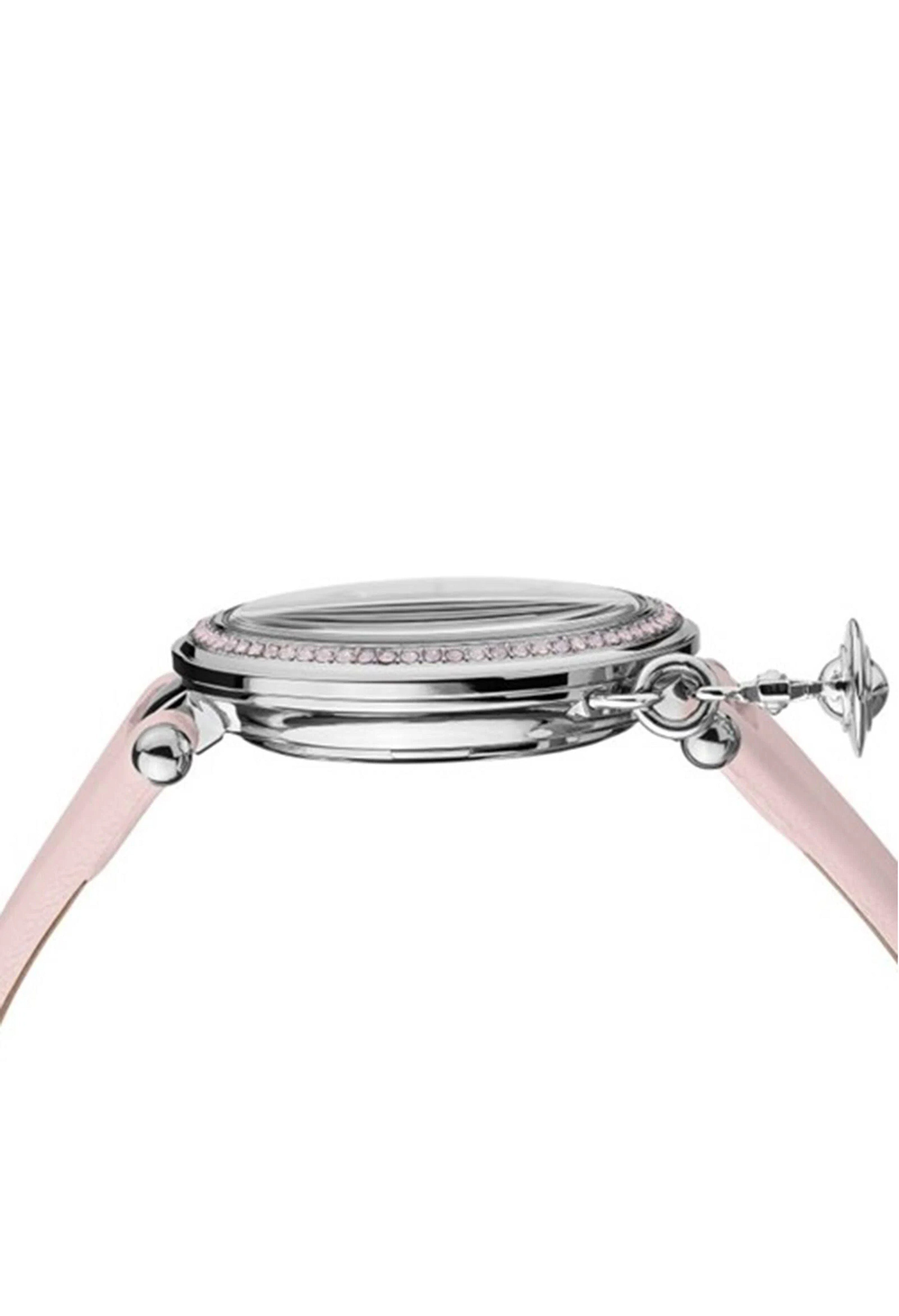 Close-up showing the Vivienne Westwood Orb Pastelle watch's silver dial, crystal bezel, and iconic orb charm.