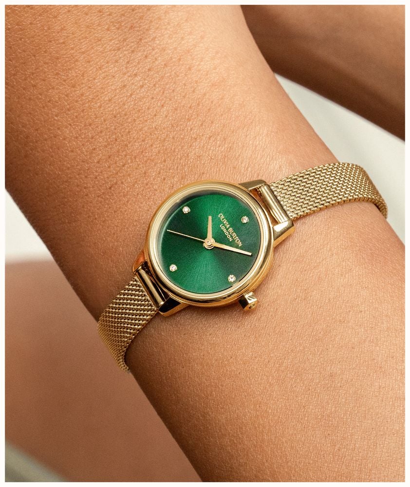 Olivia Burton Ladies Mini Classic Forset Green Dial Mesh Bracelet Watch Stainless Steel Gold Plated by Olivia Burton