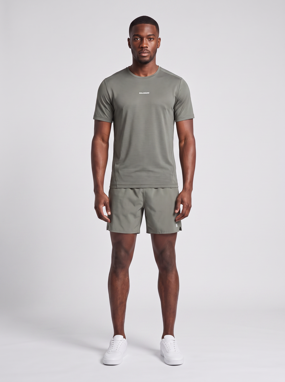 Mens Salomon SHKout CORE SS TEE Castor Gray T Shirt &  SHKout C NO L SHTS 7'' Short Set — on model