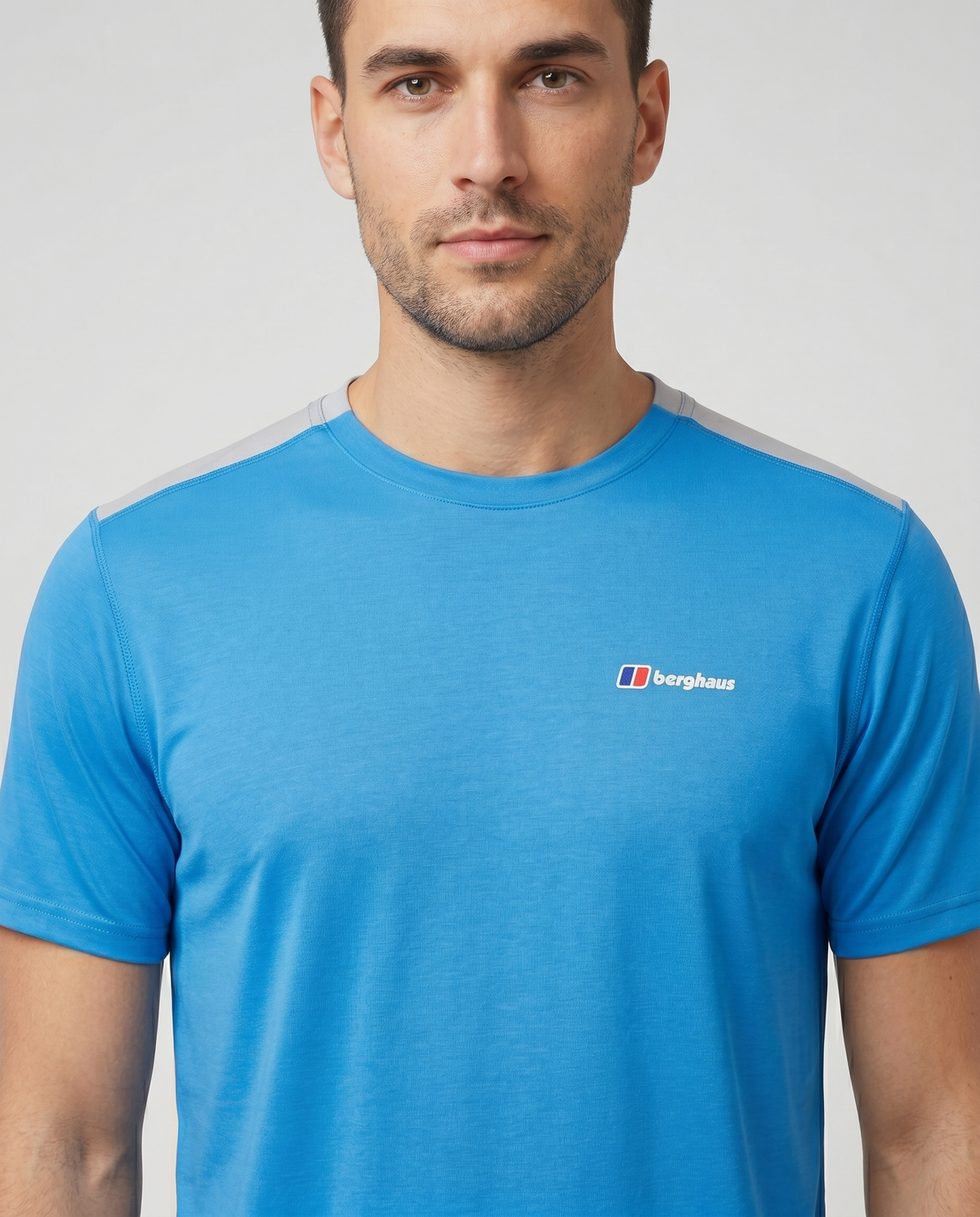 Men's Berghaus Blue Grey Terrain Trek Tech T Shirt — on model