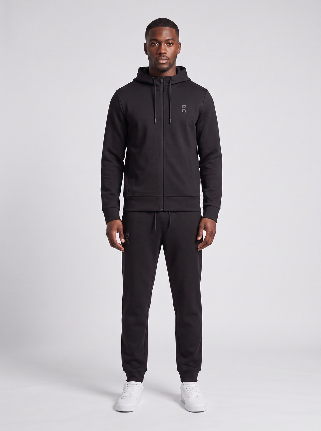 Men's On Running Black Focus Tech Zipped Hoodie & Focus Tech Pant Tracksuit Set — on model