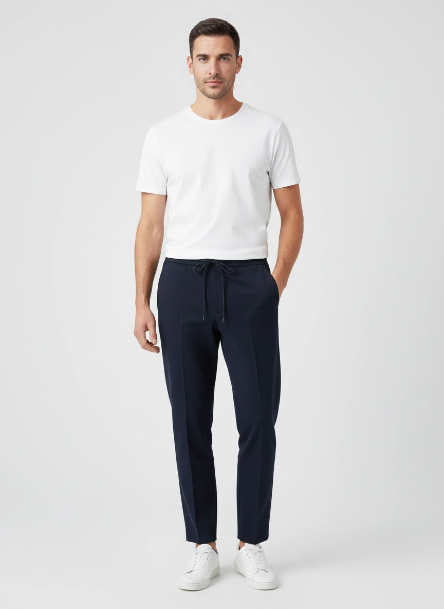 Mens Les Deux Navy Como Tapered Drawstring Pants on model