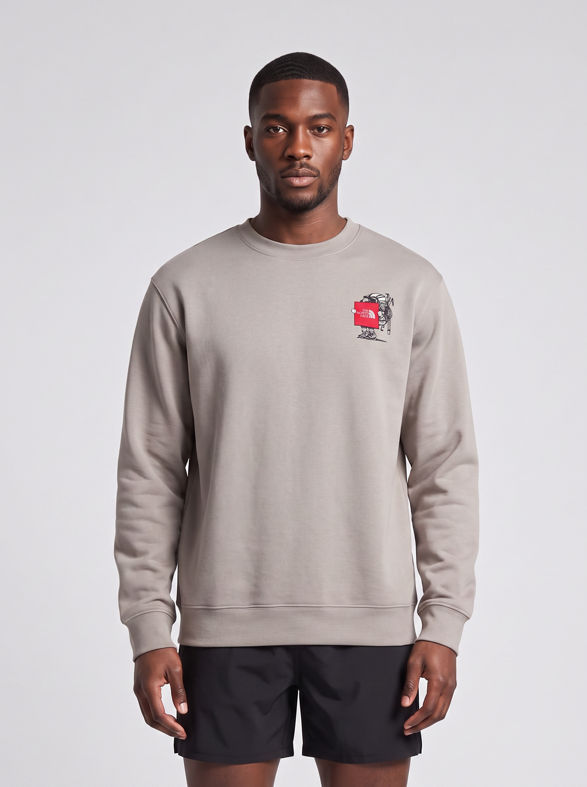 The North Face Gear Up Get Out Relaxed Crew Sweatshirt Stone Slab — on model