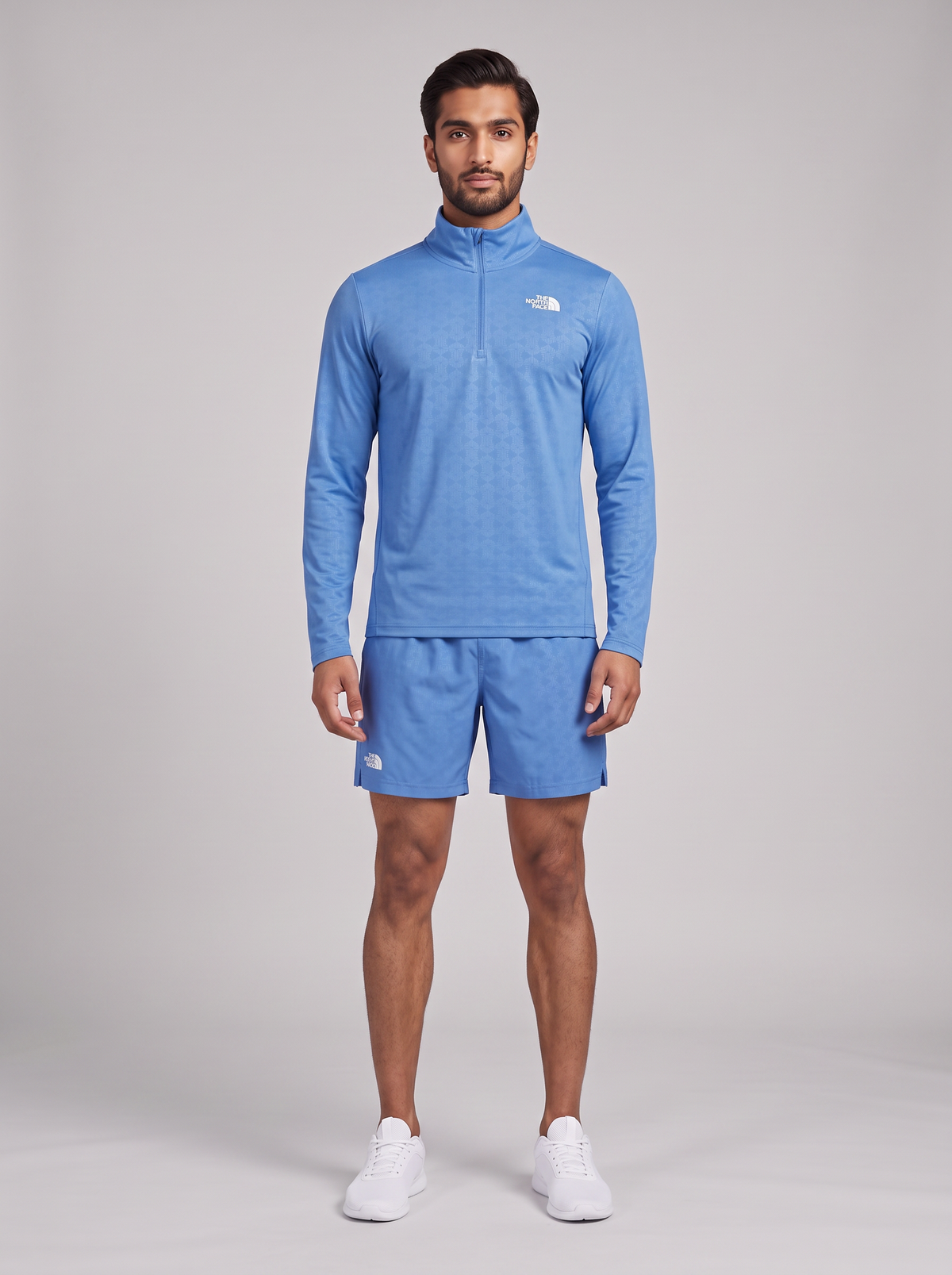Mens The North Fcae 24/7 PT EMB Marina Blue 1/4 Zip Top & Short Set — on model
