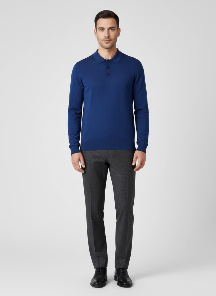 Men's Pal Zileri Blue Long Sleeve Knitted Polo Shirt on model