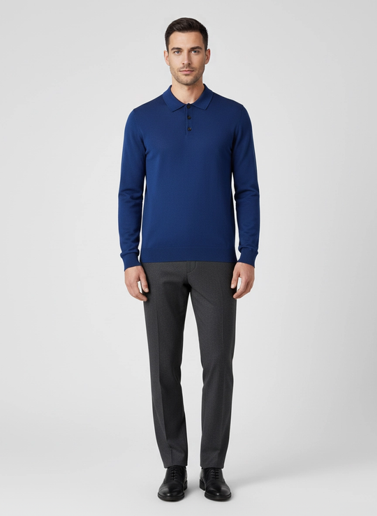 Men's Pal Zileri Blue Long Sleeve Knitted Polo Shirt