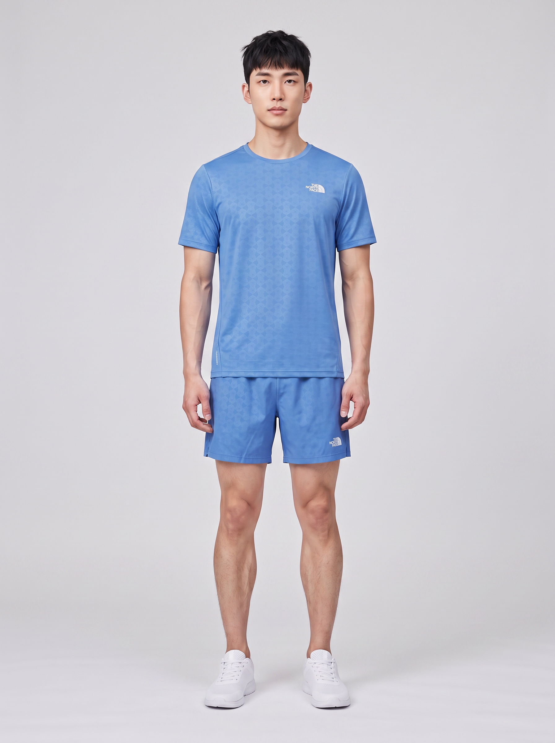 Mens The North Face 24/7 PTD EB RG SS Marina Blue T Shirt & Short Set — on model