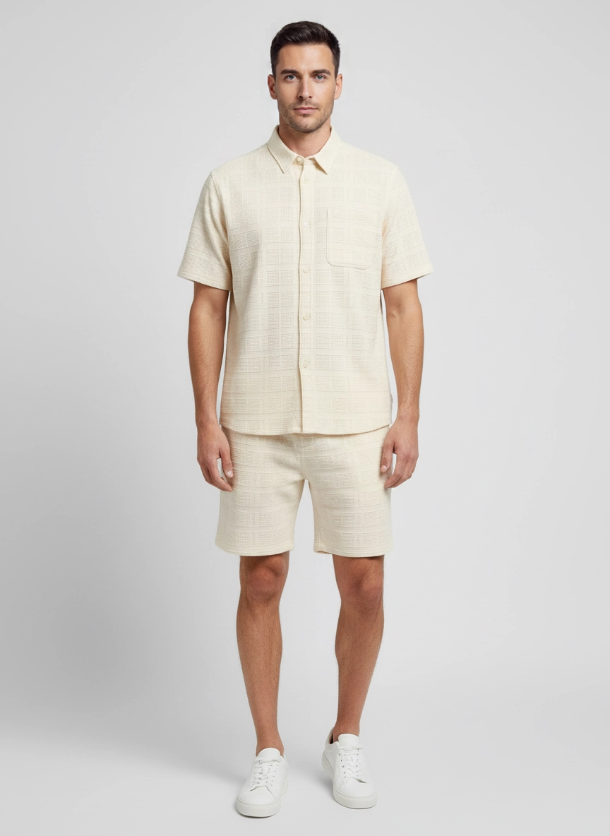 Mens Les Deux Ivory Charlie SS Shirt & Short Set front view on model