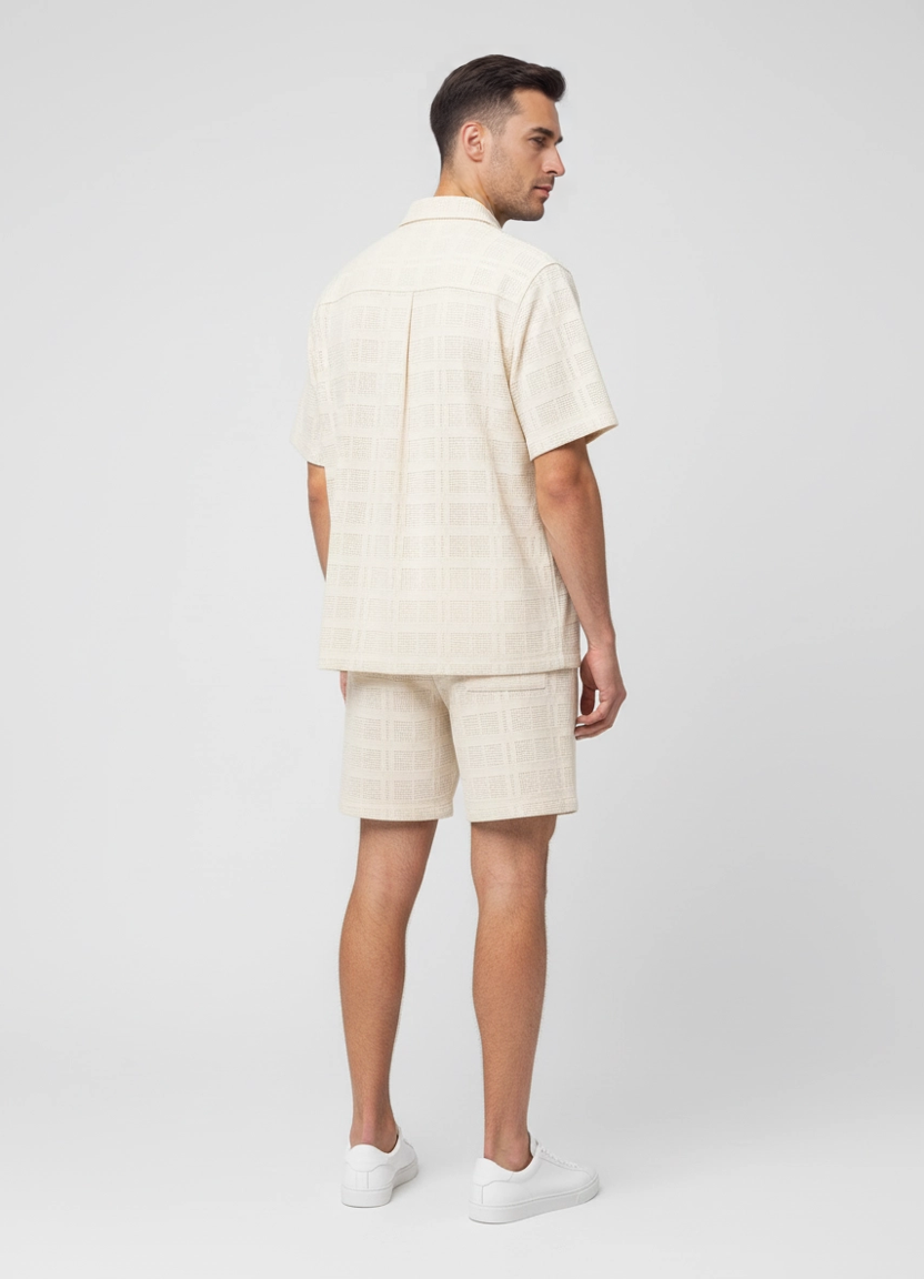 Mens Les Deux Ivory Charlie SS Shirt & Short Set back view on model