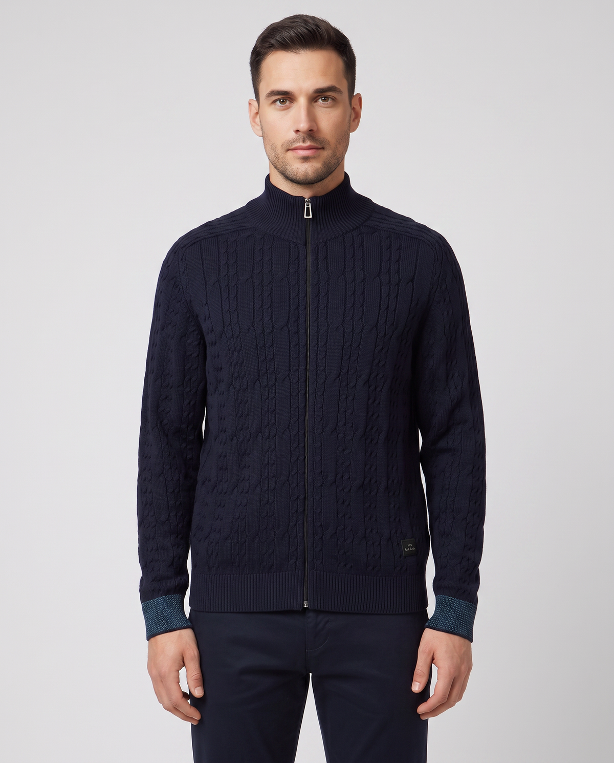 Mens Paul Smith Blue Cable-Knit Cotton Zip Cardigan — on model