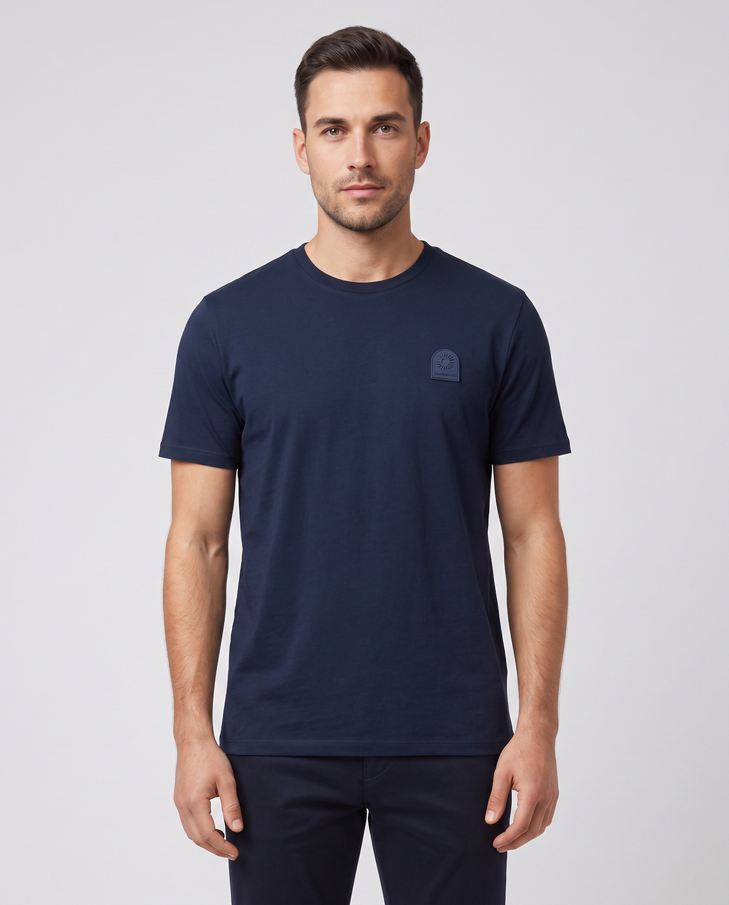 Men's Sandbanks Rubberised Badge Logo Navy T Shirt — on model