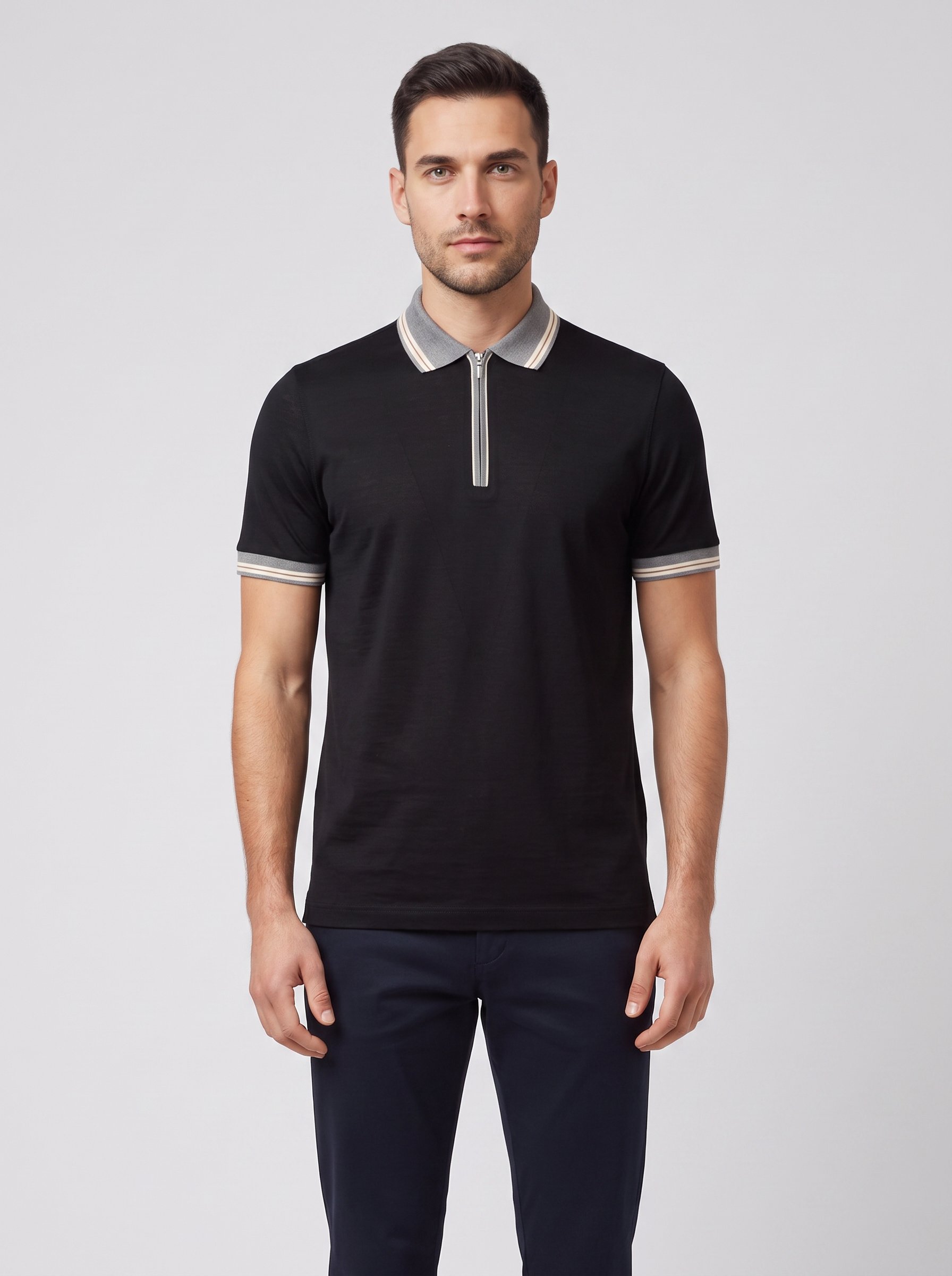 Men's Gran Sasso Black Mercerised Zip Polo Shirt — on model