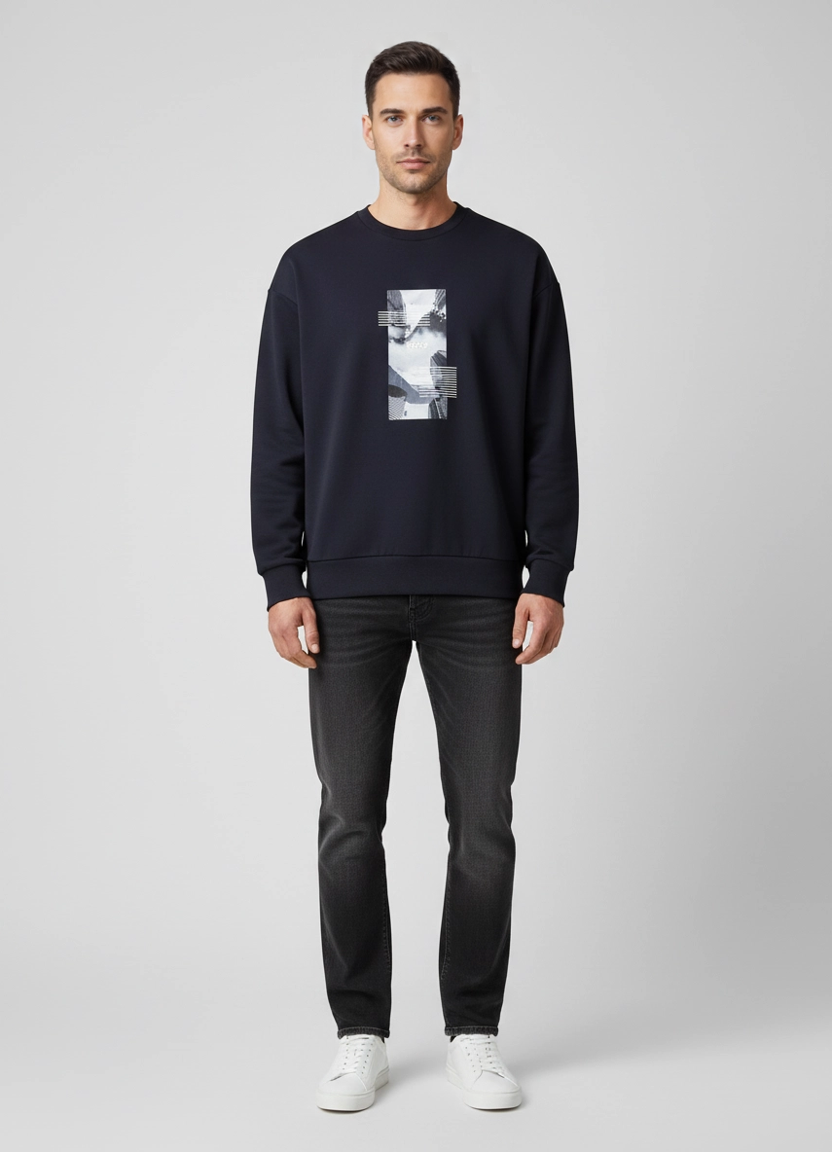 Mens BOSS Green Stenson Zone Dark Blue Sweatshirt on model