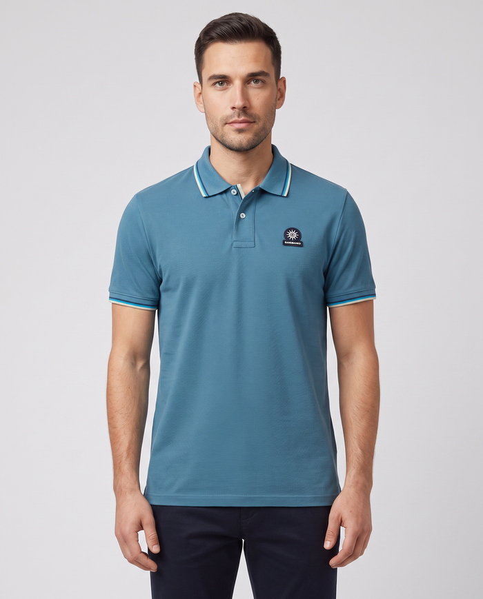 Men's Sandbanks Tipped Badge Pique Polo in Teal