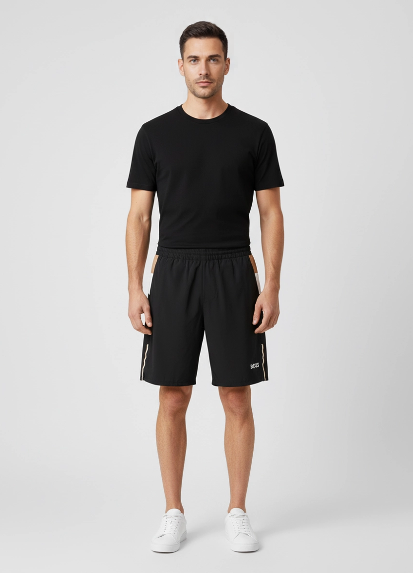 Mens BOSS Green Black S_T-Match 9 inch Shorts on model