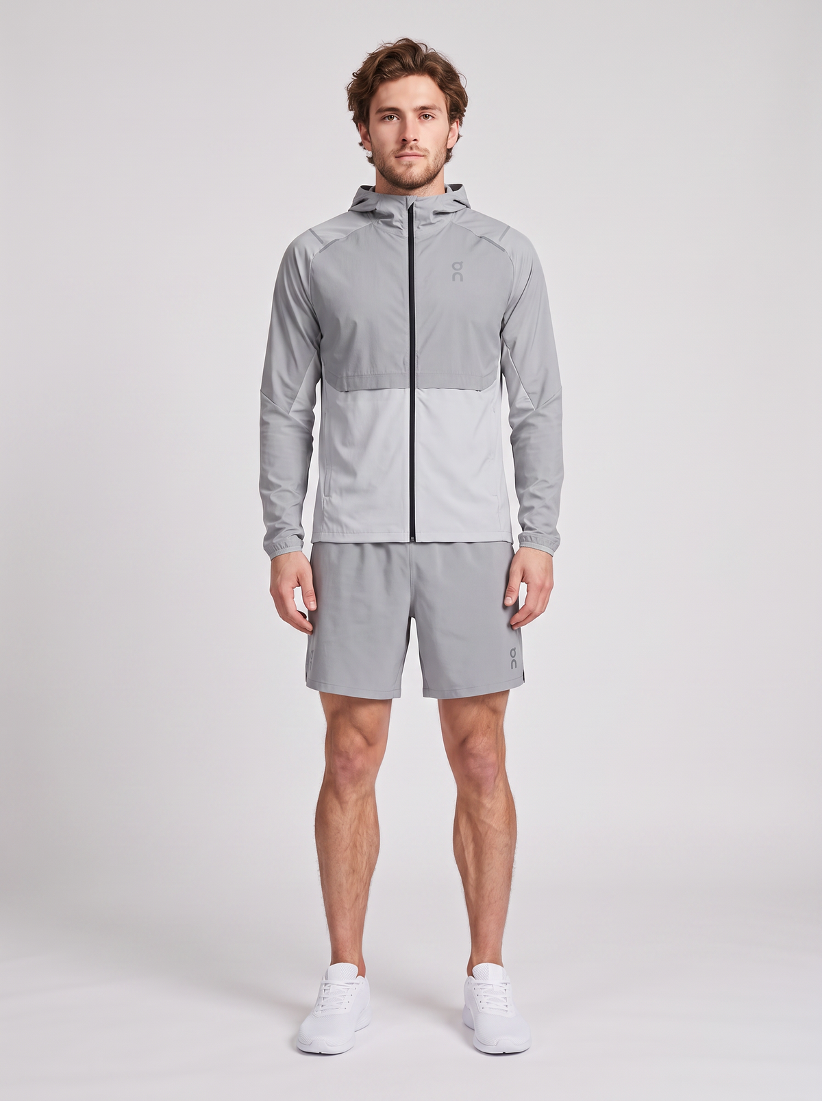 Men's On Running Core Jacket 1 Apollo | Glacier & 7" Core Shorts 1 Apollo Set — on model