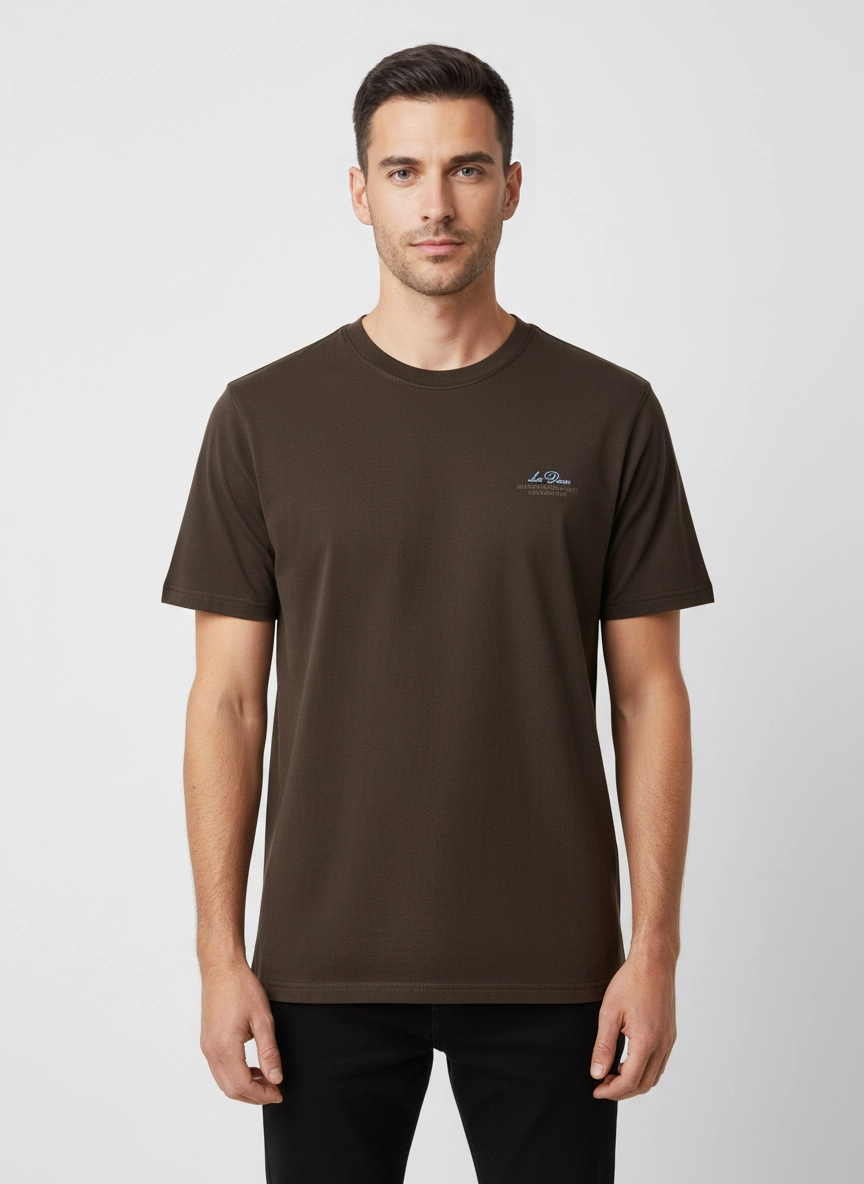 Mens Les Deux Turkish Coffee Brown Ben Globe T Shirt on model
