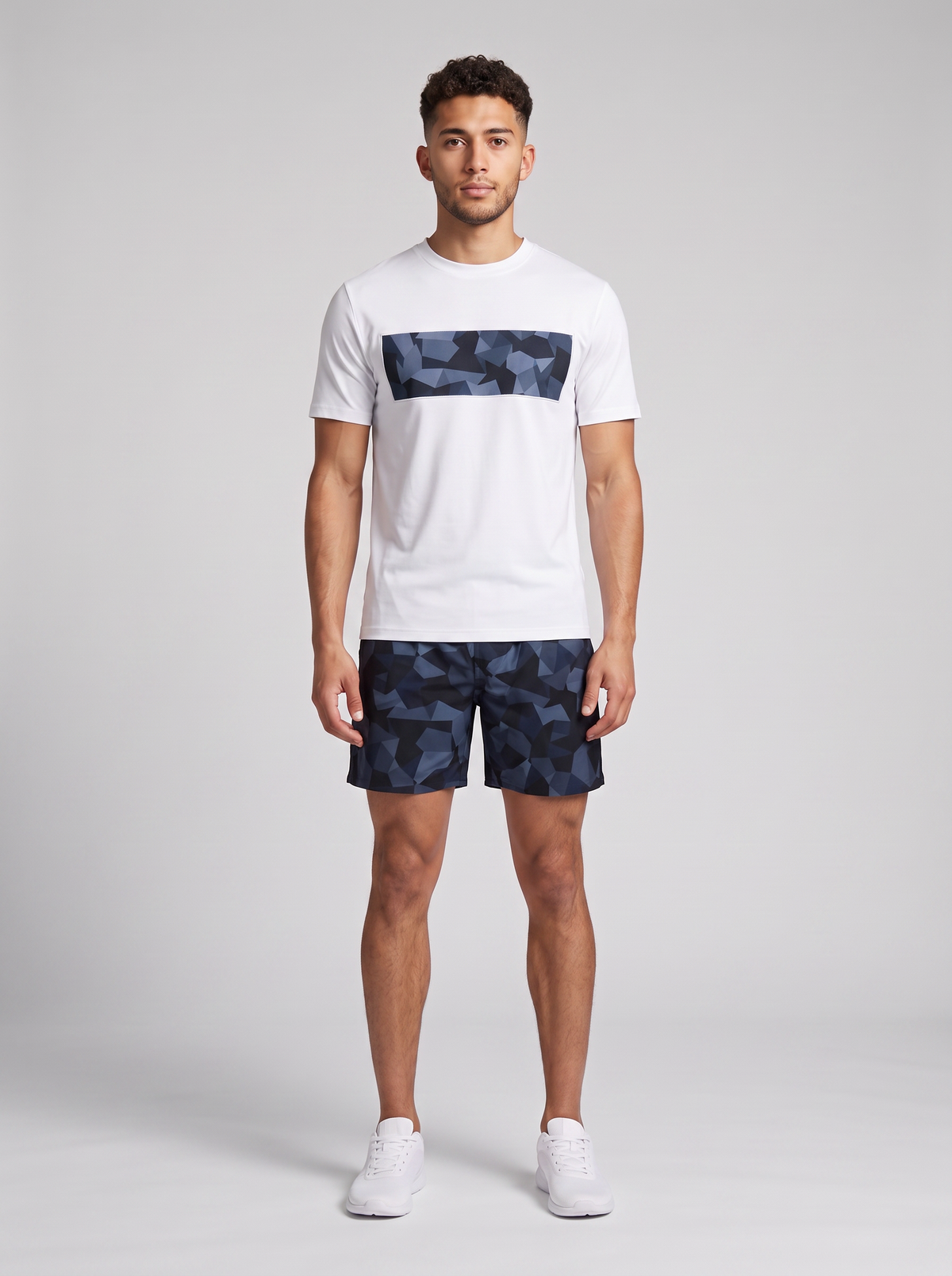 Men's Catini Astratto T-Shirt in White Navy & Astratto Shorts in Navy Set — on model