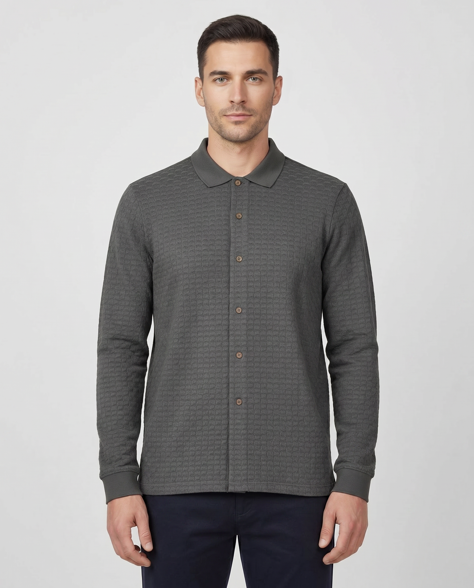 Mens Paul Smith Long Sleeve Full Button Up Grey Polo Shirt — on model