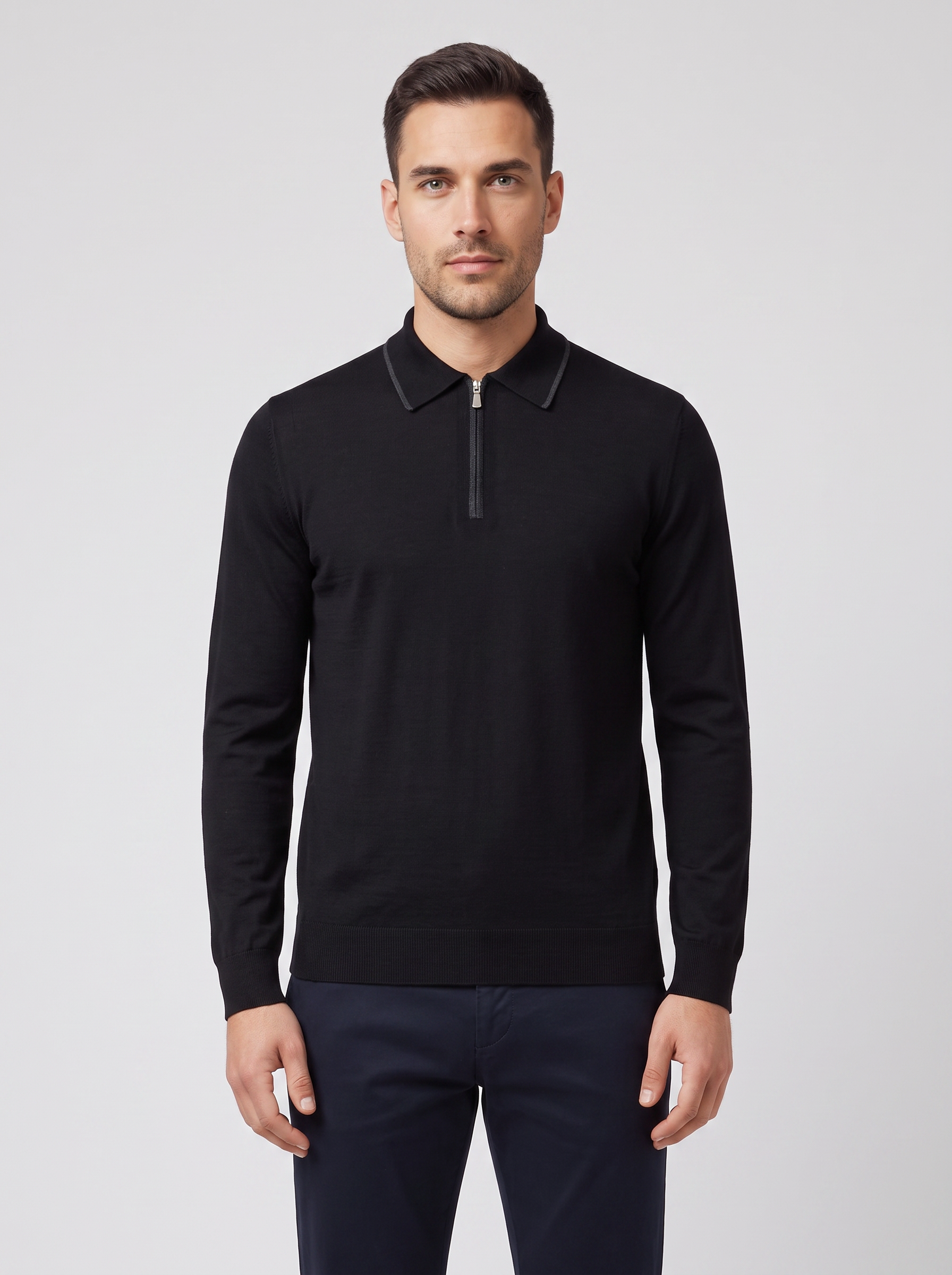 Men's Gran Sasso Black Tennis Long Sleeve Knitted Polo — on model