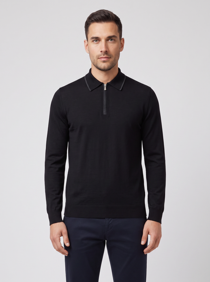 Men's Gran Sasso Black Tennis Long Sleeve Knitted Polo