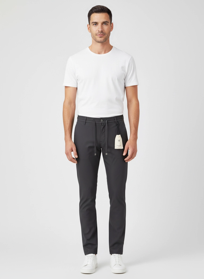 Mens Jacob Cohen Pharrell Active Relaxed Carrot Black Tech Pants front view on model