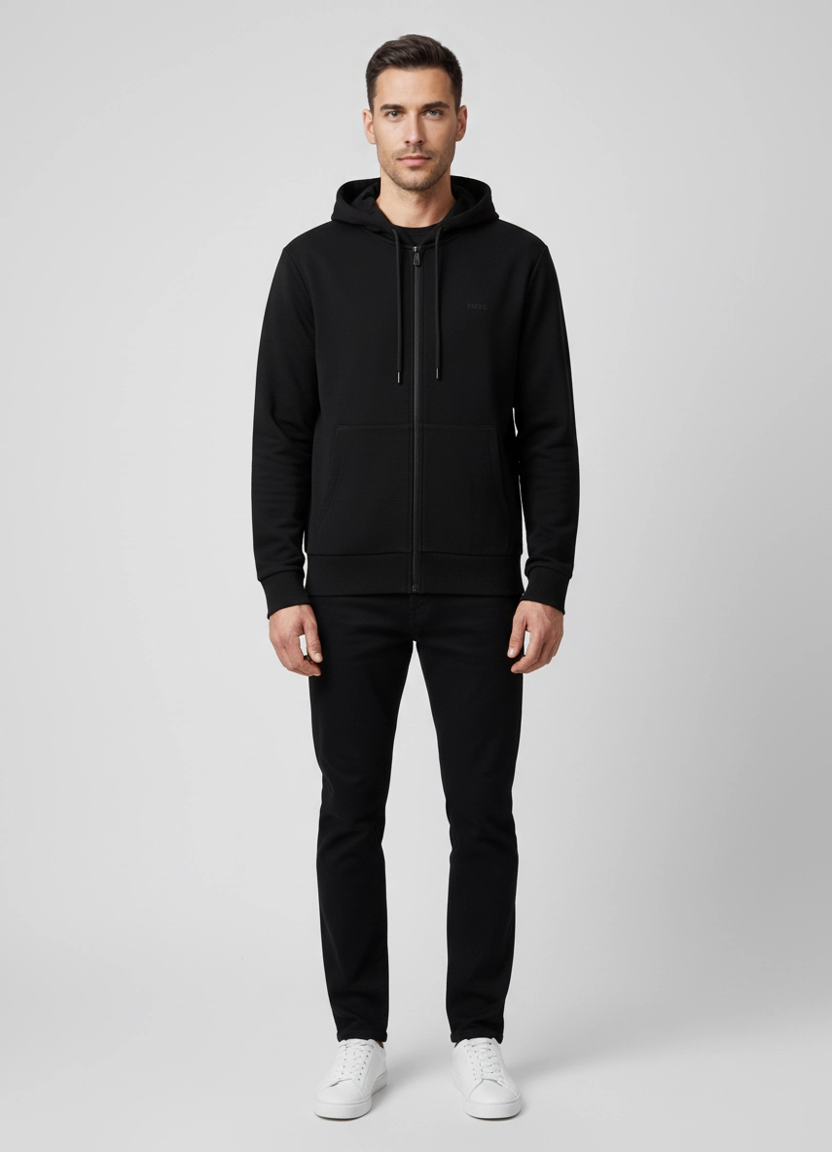 BOSS Green Saggy Black Hoodie on model