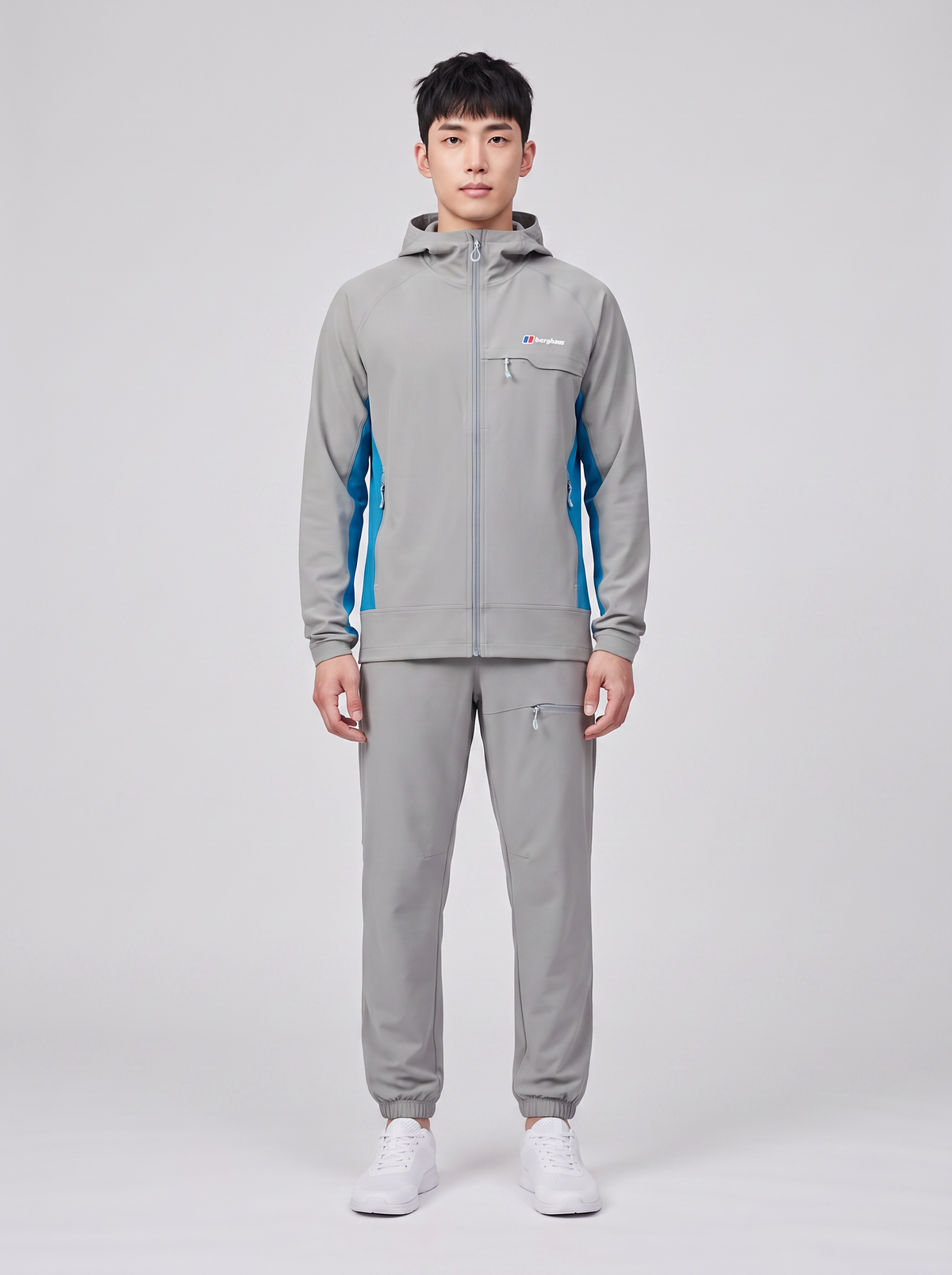 Men's Berghaus Wavertree Hooded Jacket & Wavertree Pant Grey Tracksuit Set — on model