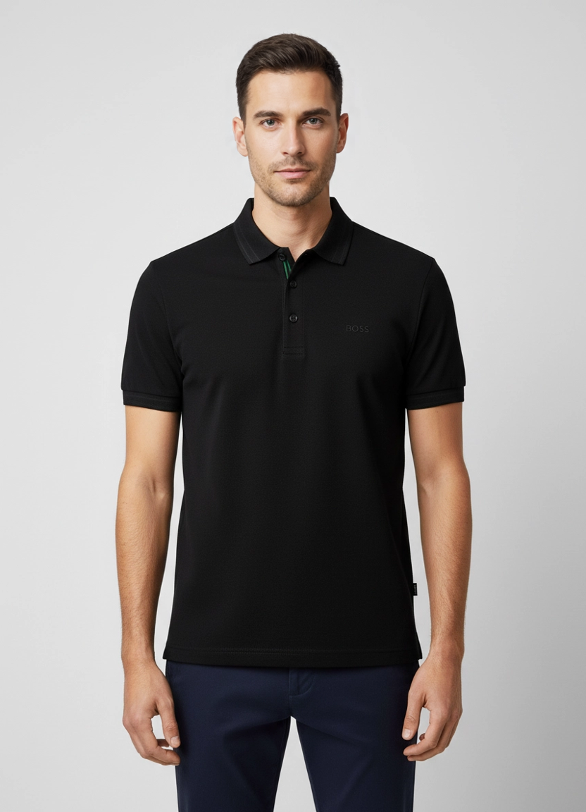 Mens BOSS Green Paddy Black Polo Shirt on model