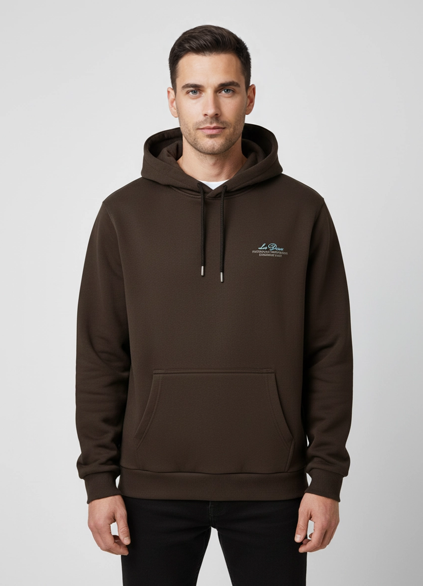 Mens Les Deux Turkish Coffee Brown Ben Globe Hoodie on model