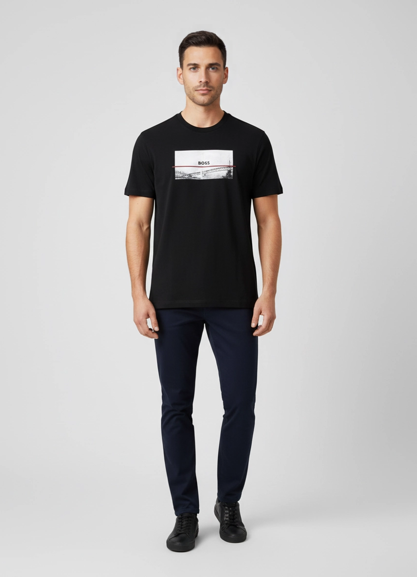 Mens BOSS Green Tee Photoprint Black T Shirt on model