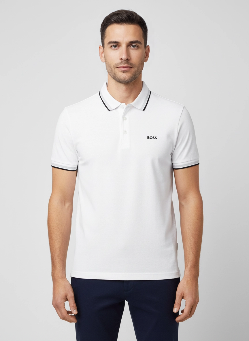 Mens BOSS Green Paddy White Polo Shirt on model