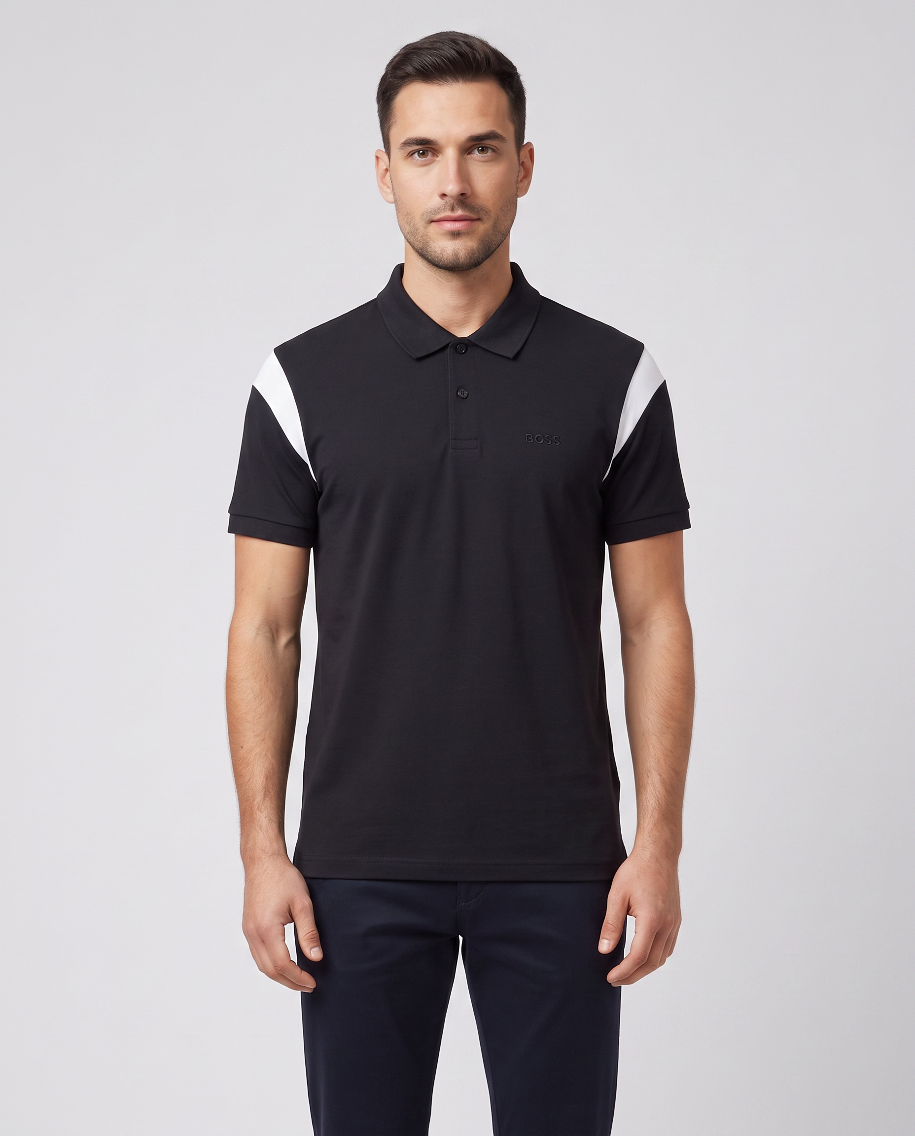 BOSS Green PL Union Paddy Dark Blue Polo Shirt — on model