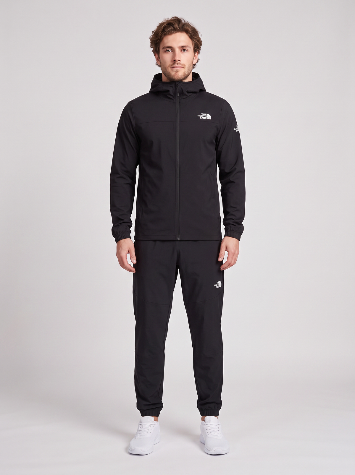 Men's The North Face Black Mountain Athletics Hooded Wind Jacket & Pant Tracksuit Set — on model
