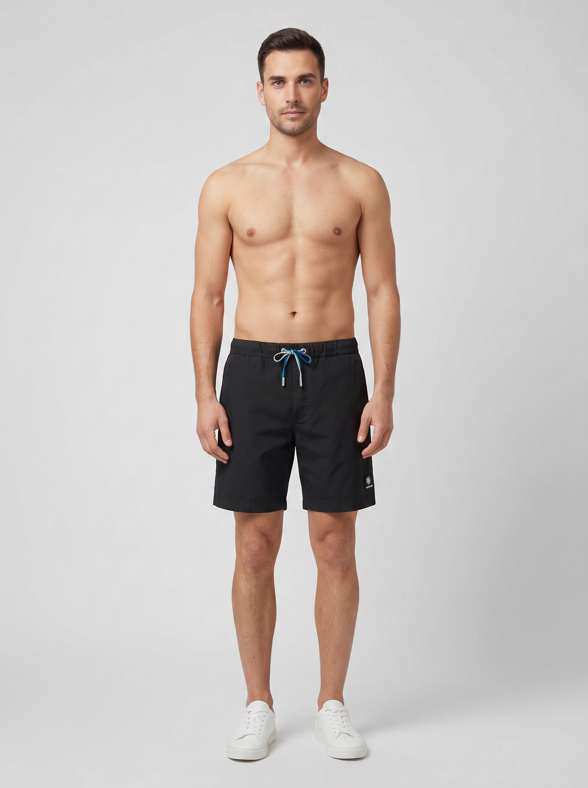 Men's Sandbanks Black Relaxed Cotton Drawstring Short — on model
