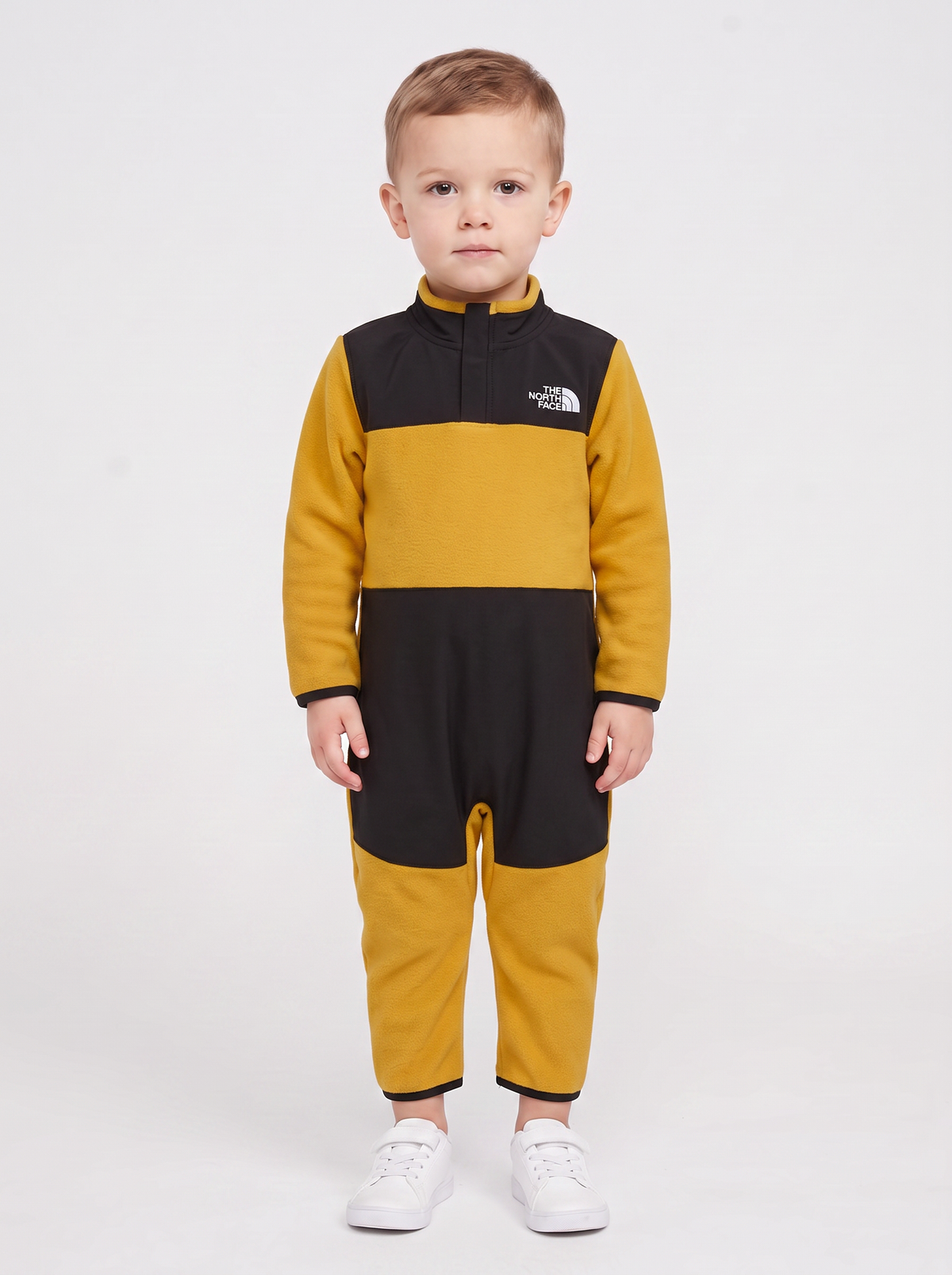 Baby The North Face Yellow Denali One Piece Set — on model