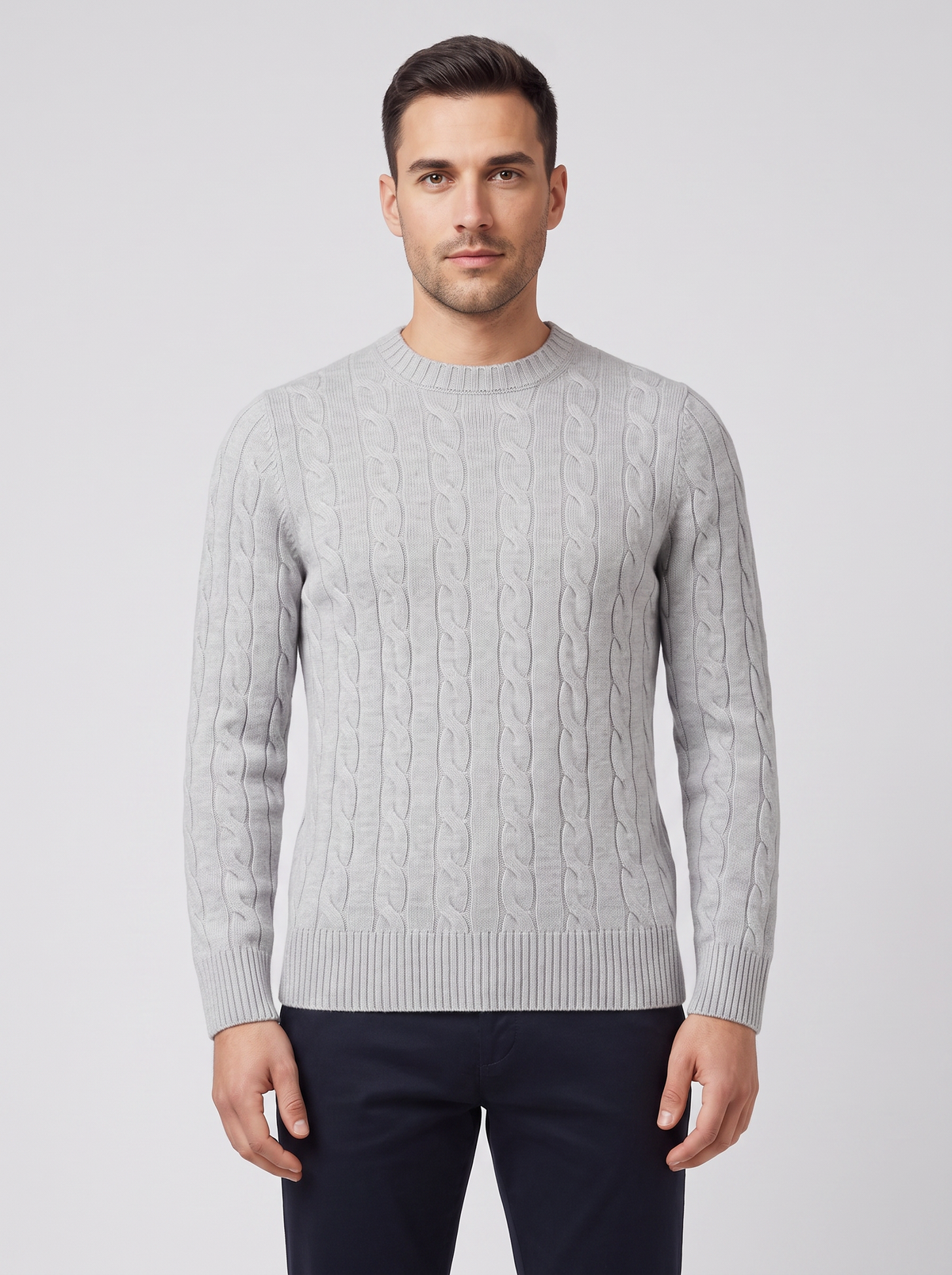 Men's Gran Sasso Grey Crew Cable Knitwear — on model