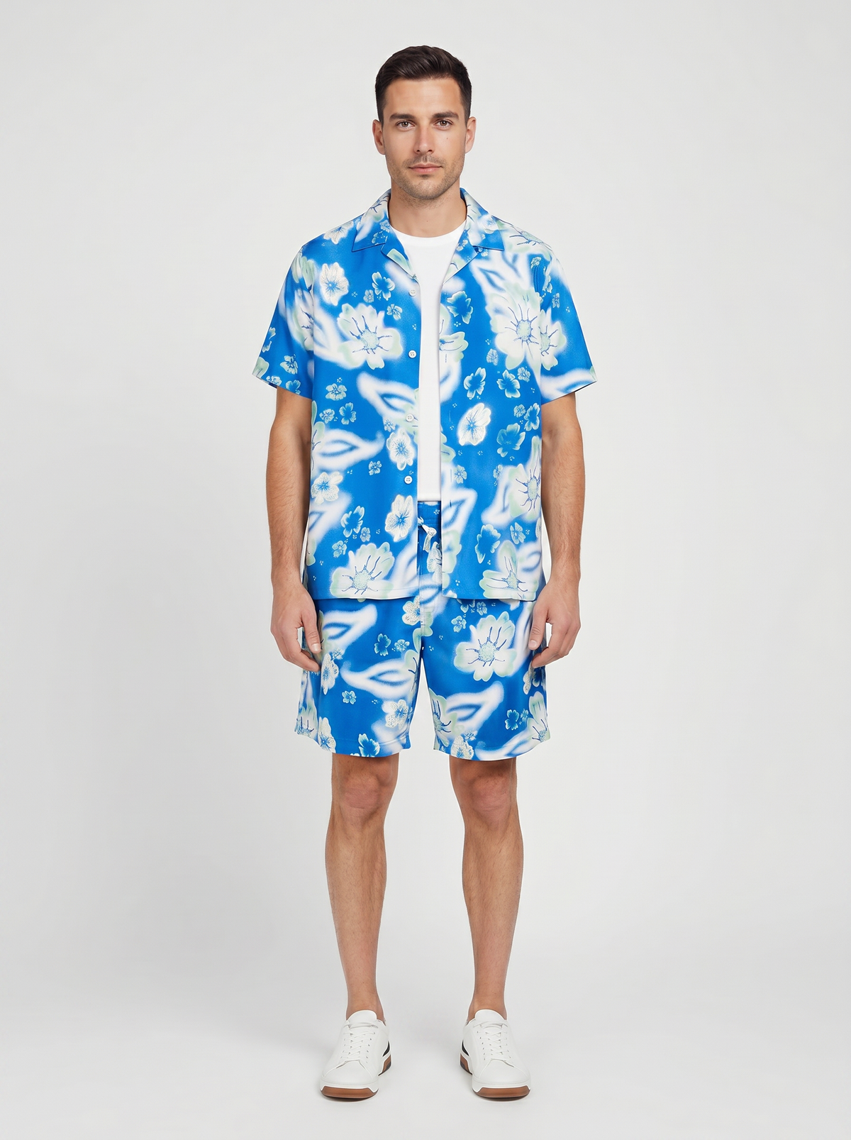 Mens Paul Smith Cobalt Blue Casual Shirt And Riso Floral Swim Short — on model
