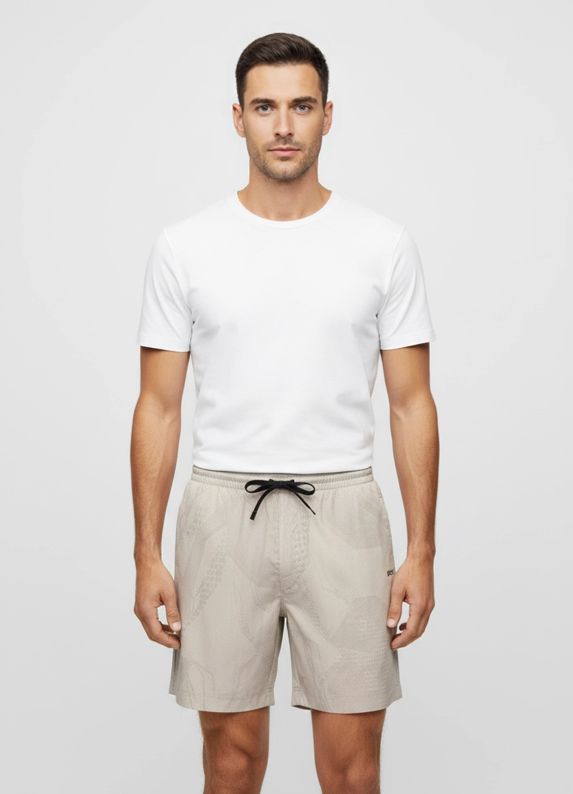 Mens BOSS Green S_Negev Open Beige Relaxed Fit Shorts on model