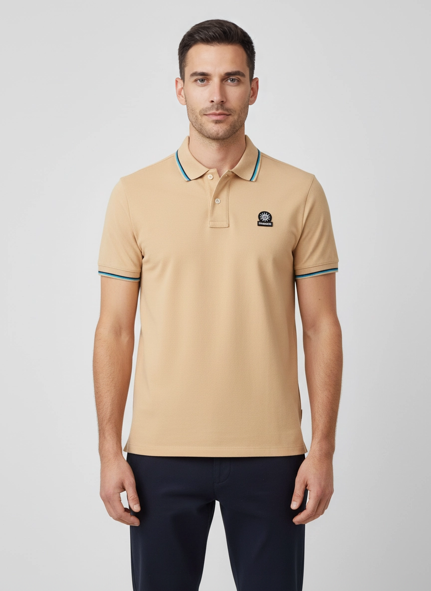 Men's Sandbanks Badge Logo Sand Polo Shirt on model