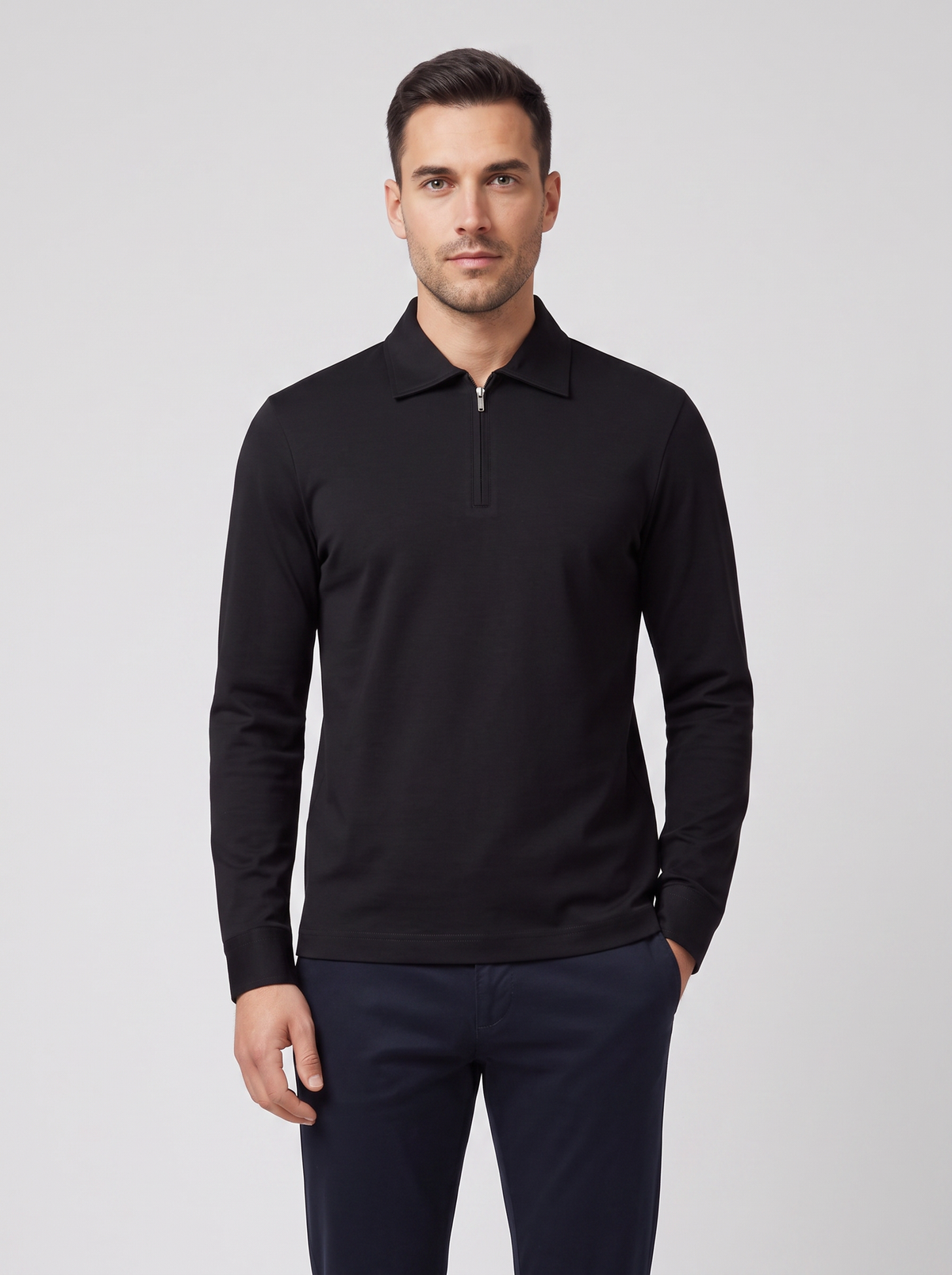 Men's Gran Sasso Black Long Sleeve Zip Polo — on model