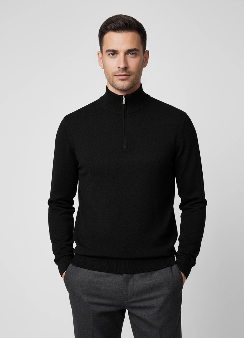 Men's Gran Sasso Black 1/4 Zip Mock Neck Merino Wool Knitted Jumper on model