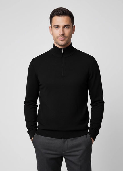 Men's Gran Sasso Black 1/4 Zip Mock Neck Merino Wool Knitted Jumper