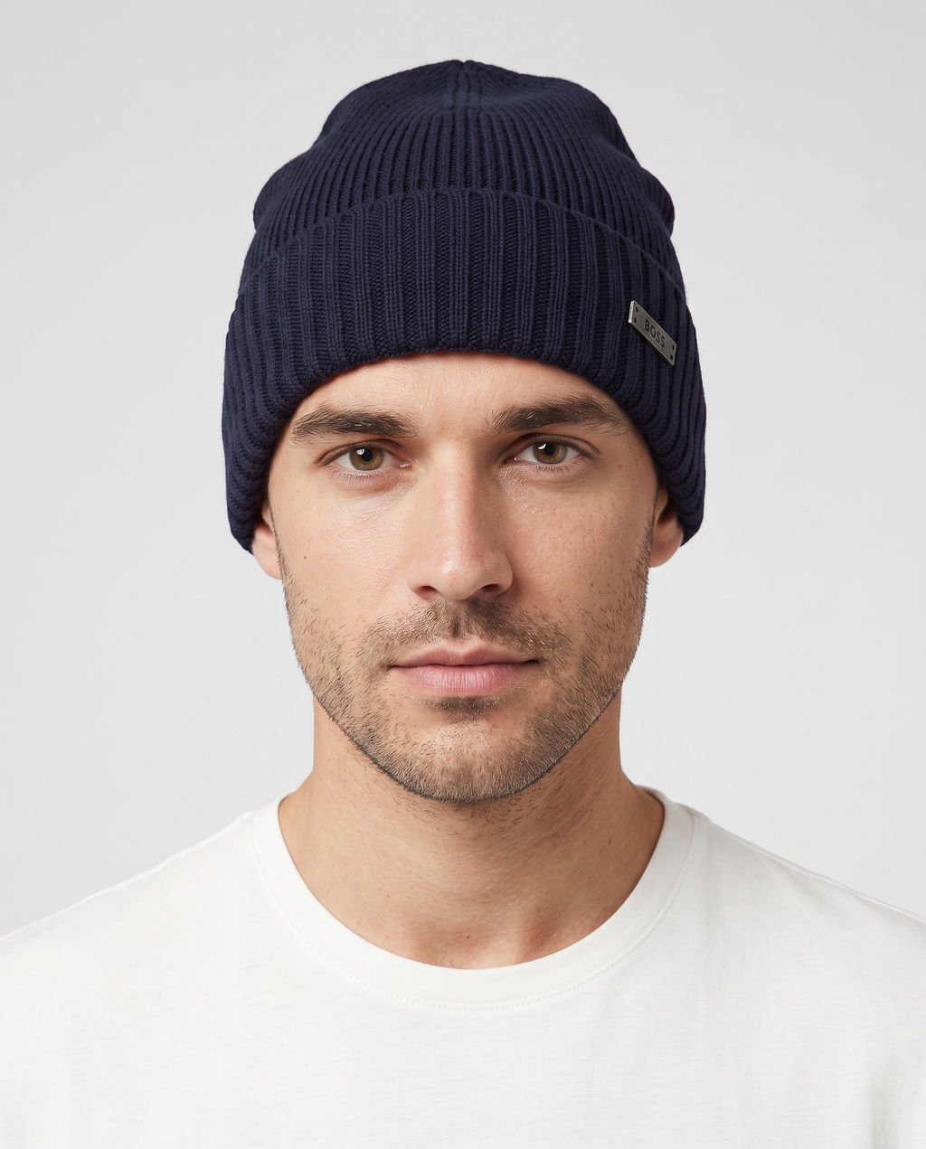 Men's BOSS Black Fati Dark Blue Beanie Hat — on model