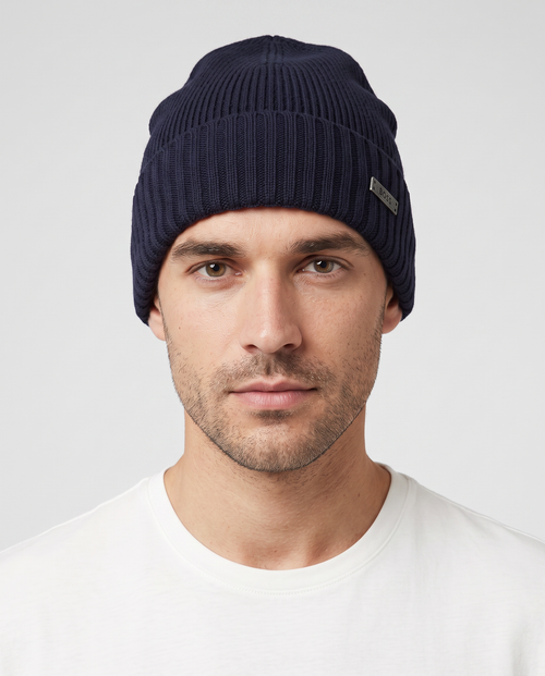 Men's BOSS Black Fati Dark Blue Beanie Hat — on model